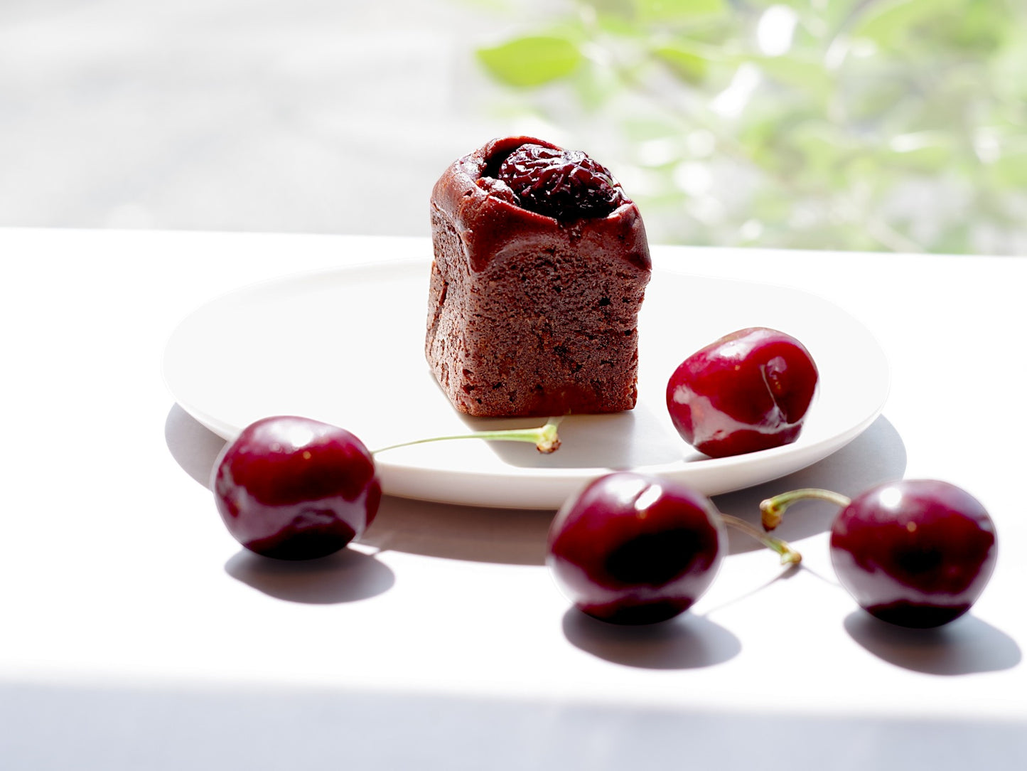 CACAOKOBO TRIBUTE カカオ工房トリビュート dark chocolate brownie topped with a fresh cherry on a white plate