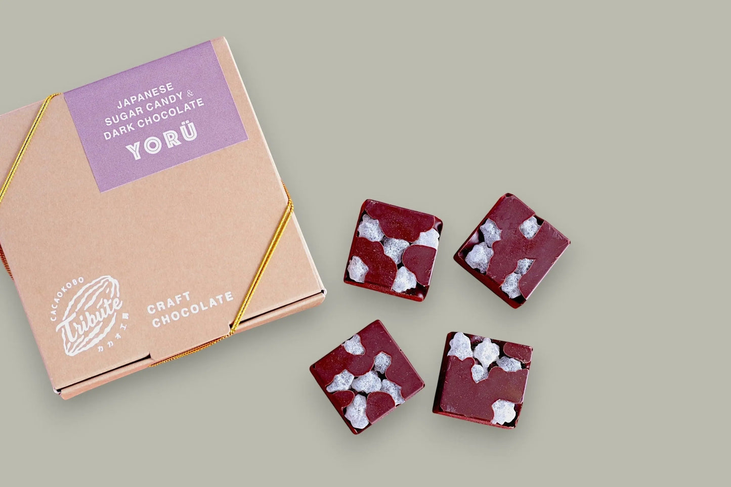 CACAOKOBO TRIBUTE Yorü Japanese Sugar Candy & Dark Chocolate squares with visible candy pieces.